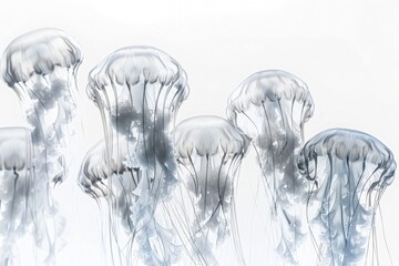 Ethereal beauty of a school of jellyfish, their translucent forms glowing softly in the depths of the ocean, isolated on pure white background. - obrazy, fototapety, plakaty