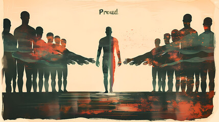 This impactful illustration emphasizes a proud, standout figure against a backdrop of silhouettes, representing LGTBIQ+ pride and solidarity