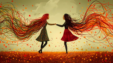 An artistic illustration showcasing two lesbian women in an autumn setting, holding hands with their hair flowing like leaves, depicts LGTBIQ+ love