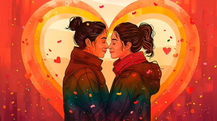A heartwarming illustration of a lesbian couple, their faces obscured, sharing an intimate moment with a heart backdrop, epitomizes LGTBIQ+ romance