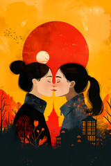 This illustration captures a tender moment between a gay couple with silhouettes set against a vibrant red sun, symbolizing LGTBIQ+ love and hope