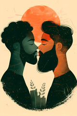 This touching illustration captures a gay couple's tender embrace within a circle, evoking the protection and love in LGTBIQ+ relationships