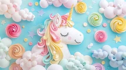 Whimsical 3D paper art of a smiling unicorn among fluffy clouds surrounded by pastelcolored swirling confections