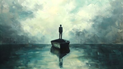 Solitary Figure on a Boat amid Vast Ocean, Surreal Landscape, Conceptual Art Piece Evoking Solitude and Reflection. AI - obrazy, fototapety, plakaty