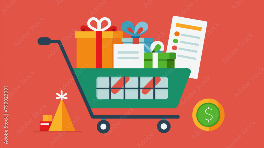 Poster an image of a shopping cart overflowing with holiday items accompanied by a budget tracker to help y
