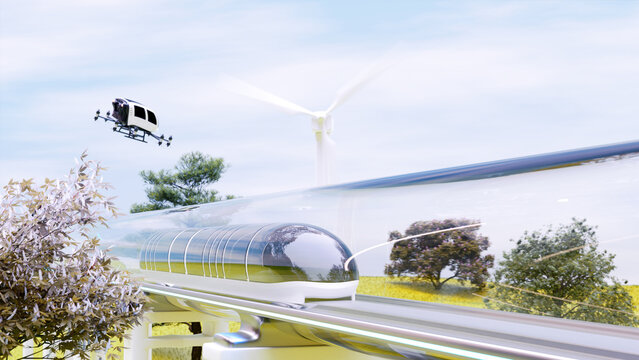 Clean energy with Hyperloop innovation, magnetic levitation train moving, and nature background. Future technology of transportation. 3d render.