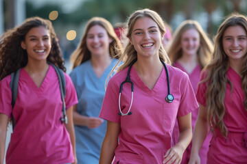 Diverse team of medical students young women in scrubs walk together on a university hospital campus
