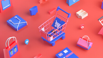 Fototapeta premium On a white canvas, a stylish 3D shopping cart icon stands out against a flawless white background, representing the ease of online shopping in e-commerce and retail during sales.