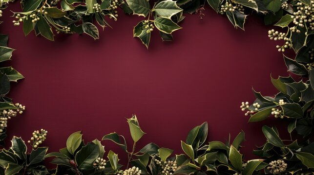 Elevate your holiday photos with a border of elegant mistletoe against a rich maroon backdrop.