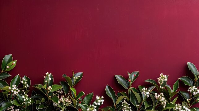 Elevate your holiday photos with a border of elegant mistletoe against a rich maroon backdrop.