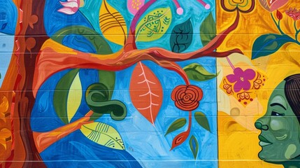 Closeup of a mural painted by local artists depicting the importance of community involvement in promoting wellness and selfsufficiency in healthcare. .
