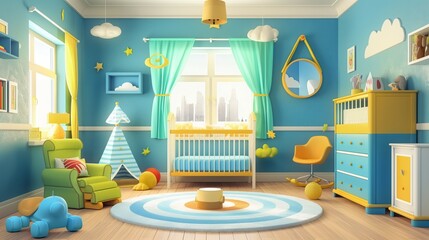 Baby Bed Home Baby Room Interior Background, Cartoon Illustration Style Design, 3d - obrazy, fototapety, plakaty