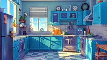 Modern Kitchen Interior Background, Cartoon Illustration Style Design, 3d