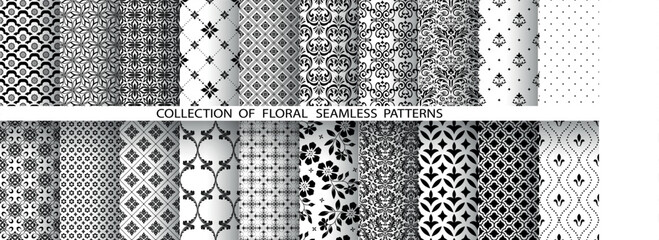 Geometric floral set of seamless patterns. White and black vector backgrounds. Damask graphic ornaments. - 793024456