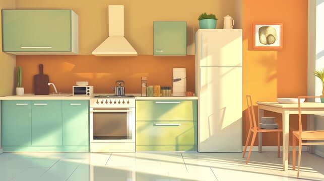 Sink and Refrigerator Kitchen Home Interior Background, Cartoon Illustration Style Design, 3d