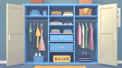 Home room interior belly with drawer cabinet and clothes hanging in closet, cartoon illustration style design, 3d - obrazy, fototapety, plakaty