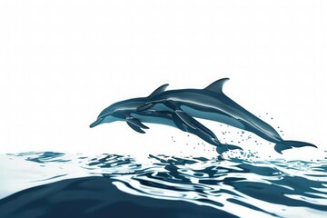 Depths of the ocean with a pod of dolphins, gracefully gliding through the crystal-clear waters, isolated on pure white background. - obrazy, fototapety, plakaty