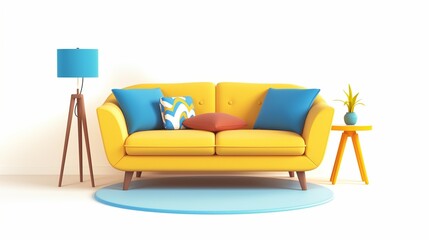 Round and cute yellow blue sofa home interior belly, cartoon illustration style design, 3d
