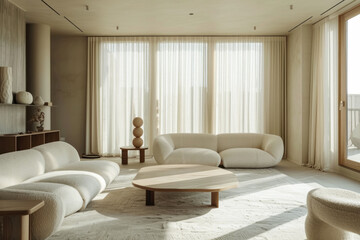 minimalist living room featuring beige sofas, a wooden coffee table, and a side table with spherical sculptures, complemented by sheer curtains and tasteful decor
