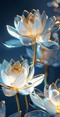 Glowing glass lotus flowers with lights and gold trim on dark blue background, backdrop for wallpaper, poster, design - 793024867
