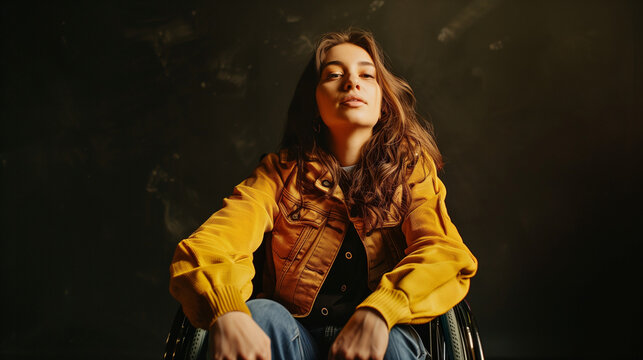 Femme en fauteuil roulant avec une veste en jean jaune pose de fa&ccedil;on confiante devant l'appareil photo, body positive et inclusion, fond noir