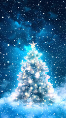 Christmas tree in blue dark with snowfall, with lights, glow, snowflakes, card, background, design - 793025066