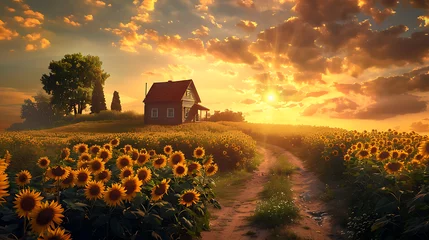 Foto op Plexiglas Sunset Embrace A wooden house nestles amid a sea of sunflowers basking in the golden light of a setting sun, creating a path that beckons one into the warmth of a rural idyll. © MC-CHUAN