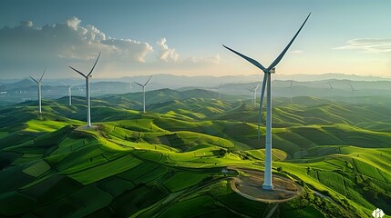 Scenic Landscape with Modern Wind Turbines - obrazy, fototapety, plakaty