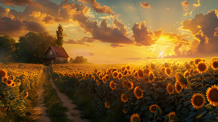 Sunset Embrace
A wooden house nestles amid a sea of sunflowers basking in the golden light of a setting sun, creating a path that beckons one into the warmth of a rural idyll. - obrazy, fototapety, plakaty