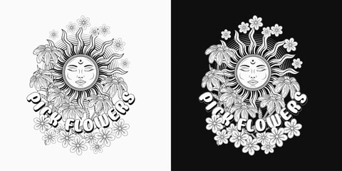 Summer black and white label with sun with face, chamomile, halftone shape. Groovy, hippie retro style. For clothing, apparel, T-shirts, surface decoration