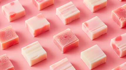 Concept photo of handmade soap cut out on a pink background. Concept photo of handmade soaps, close-up. Raw graphic photos. Cosmetics advertising materials.