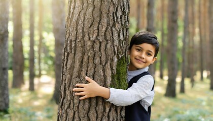 Child hugging a tree in the outdoor forest. Concept of battling a global problem of carbon dioxide and global warming