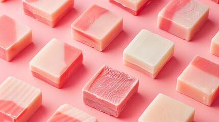 Concept photo of handmade soap cut out on a pink background. Concept photo of handmade soaps, close-up. Raw graphic photos. Cosmetics advertising materials.