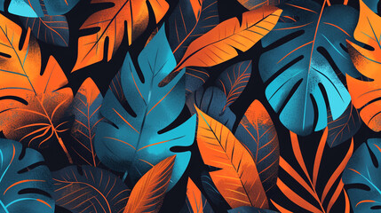 A flat illustration featuring vibrant orange and blue leaves on a black background.