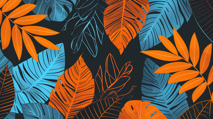 Fototapeta na wymiar A flat illustration featuring vibrant orange and blue leaves on a black background.