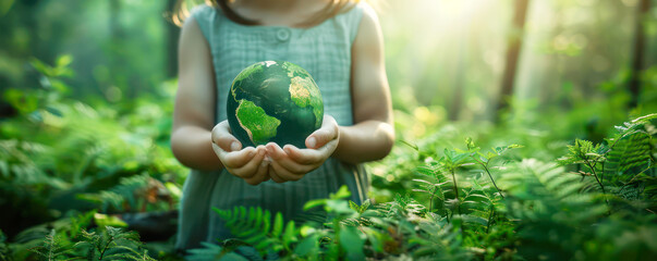 Girl holding and taking care of green earth globe. Caring for nature concept.