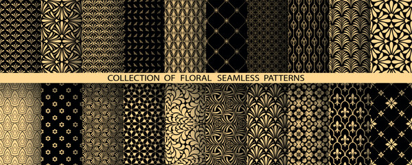 Geometric floral set of seamless patterns. Golden and black vector backgrounds. Damask graphic ornaments - 793026093