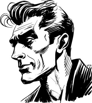 Man portrait in hand drawing or engraving style. 60s styled beautiful comic book character, black and white