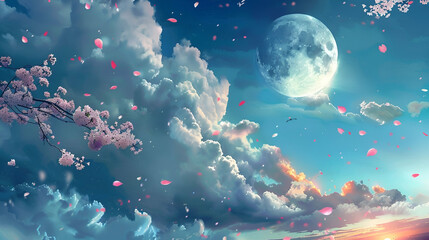 a full moon veiled by clouds, sakura petals floating in the air, painting, colored
