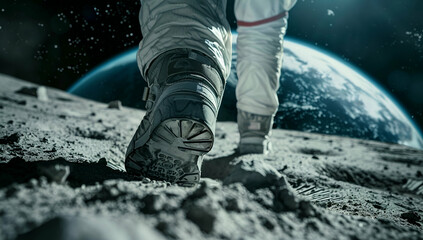 Close up of an astronaut's foot walking on the moon, with Earth in the background, in the style of realistic photography, with cinematic lighting
