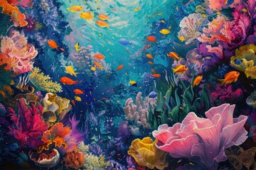 Colorful coral reef teeming with exotic fish and swaying sea anemones.