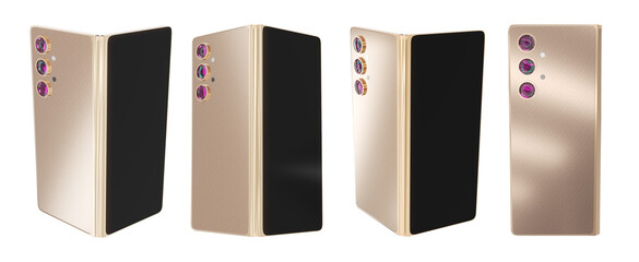 Foldable golden smartphones with black screen. 3d illustration set