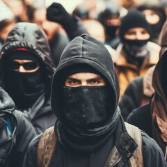 Crowd with focus on a person in a black hood
