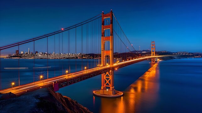 Illuminated suspension bridge at dusk, serene water body below, clear evening sky. Iconic structure captured in twilight hour. Vibrant colors reflect in water. Perfect for travel themes. AI