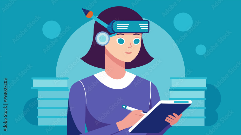 Poster a student wearing a futuristiclooking device on her forehead taking notes and retaining information 