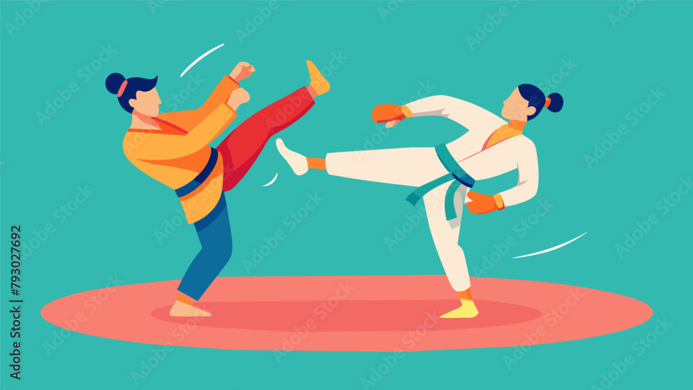 Poster two students sparring in a ring with one landing a swift kick to the others torso demonstrating the 