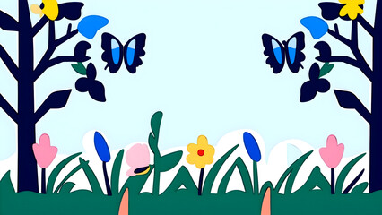 cute spring scene with butterflies and flowers for kids