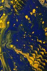 abstract art background in dark yellow and blue colors with cells and splashes