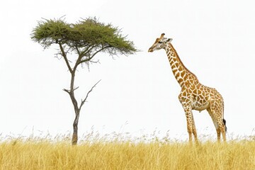 Obraz premium Awe-inspiring sight of a towering giraffe, its long neck reaching for the leaves of the tallest trees, isolated on pure white background.