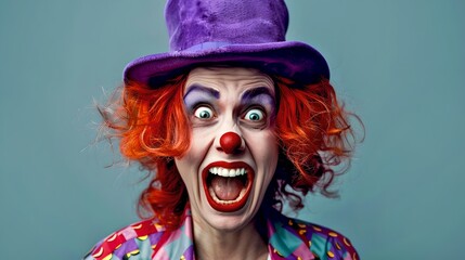 Colorful clown with wide smile and surprised expression. Joyful costume and makeup in portrait photo. Fun and entertainment theme. Capturing laughter and excitement. AI